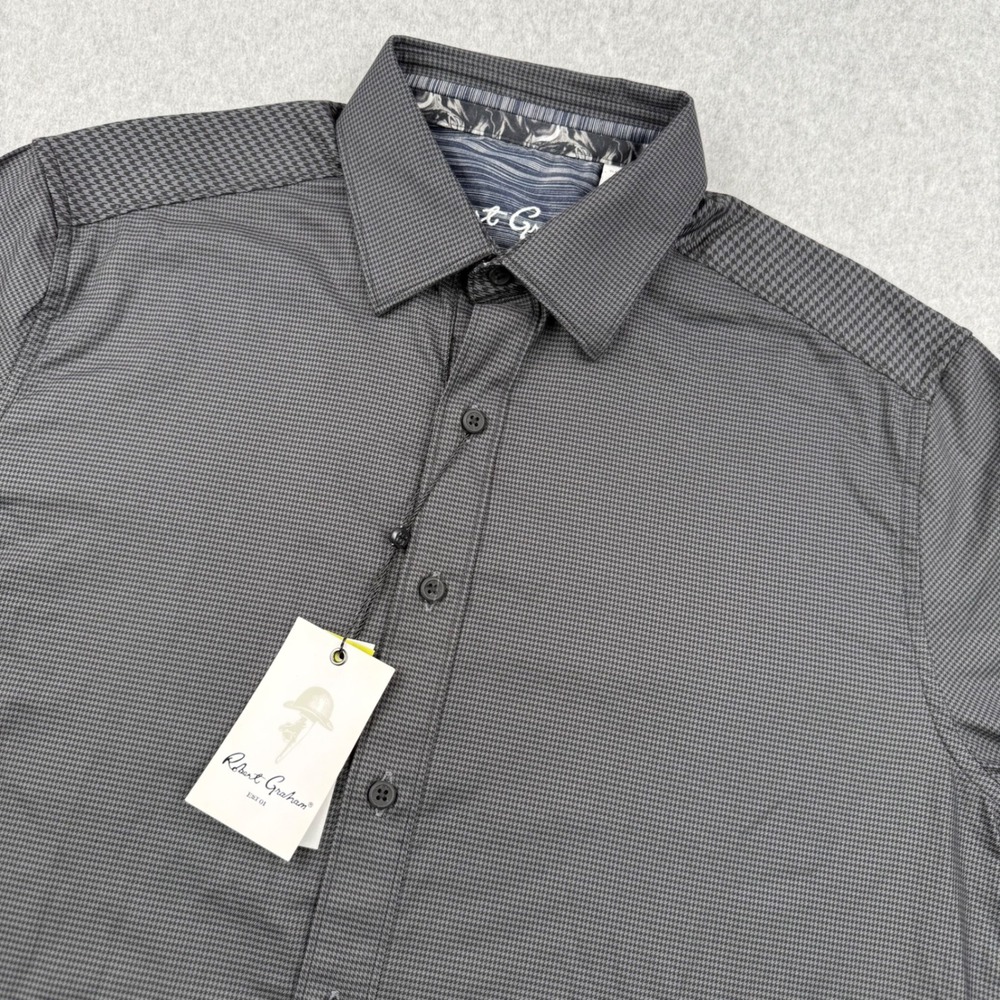 Robert Graham Shirt Mens Medium Black Houndstooth Hearst Dress Shirt Stretch NEW